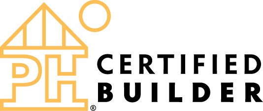 The logo features an orange outline of a house with the letters "PH" inside, next to the text "Certified Builder" in black.