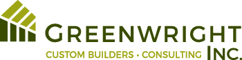 A logo for Greenwright Inc. features a stylized green roof shape and the text "GREENWRIGHT INC" with "Custom Builders • Consulting" below it.