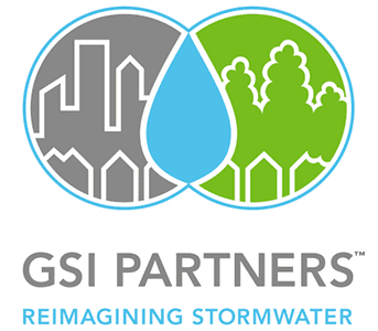 Logo of GSI Partners showing a cityscape and trees within two overlapping circles and the text "GSI Partners" and "Reimagining Stormwater" below.